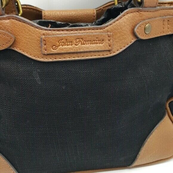 John Romaine Canvas Handbag Black Tan Zip Magnetic Closure Vegan Leather Vintage - Picture 8 of 8